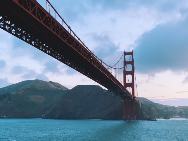 photo of the Golden Gate Bridge from below