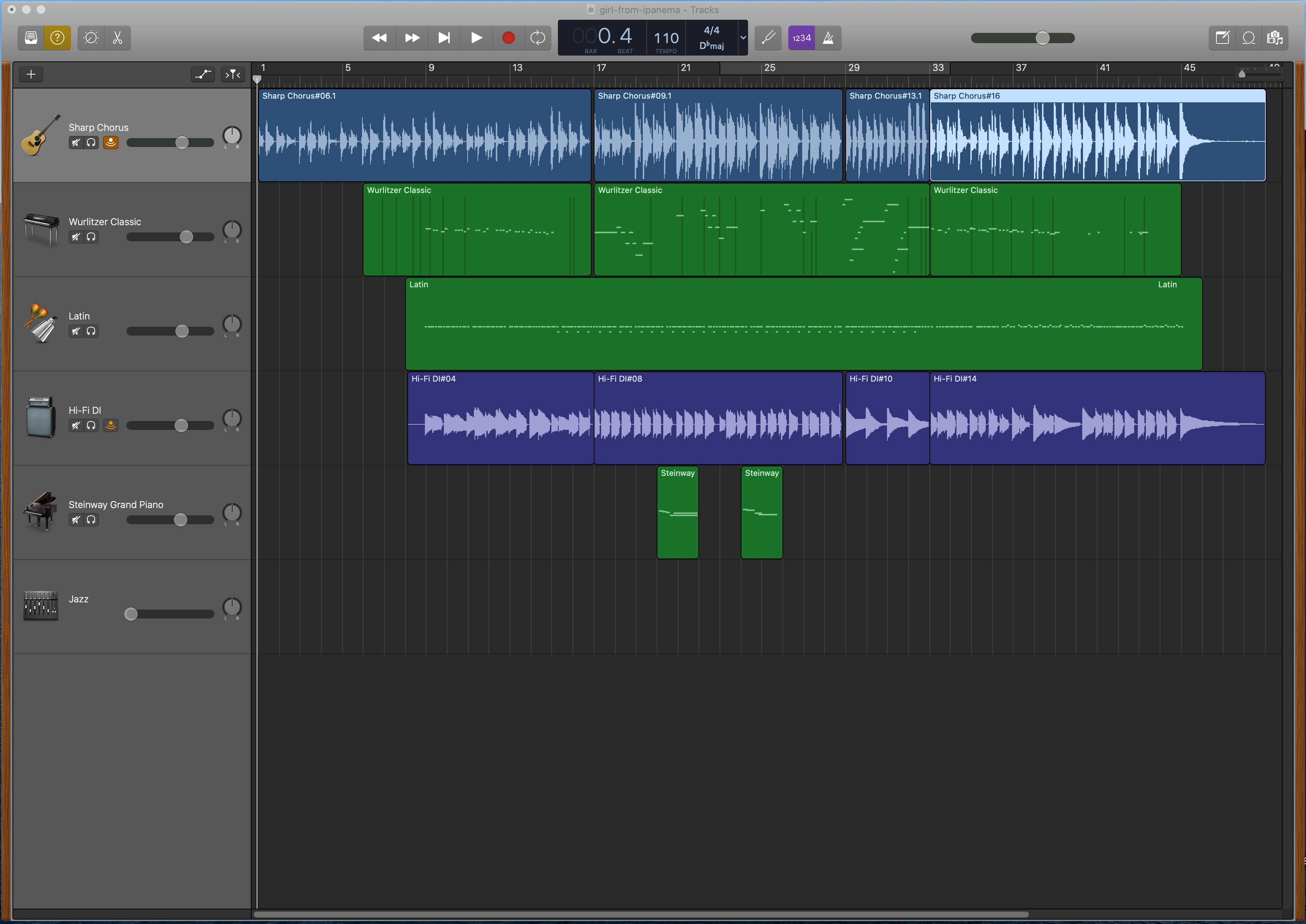 GarageBand interface showing six instrument tracks